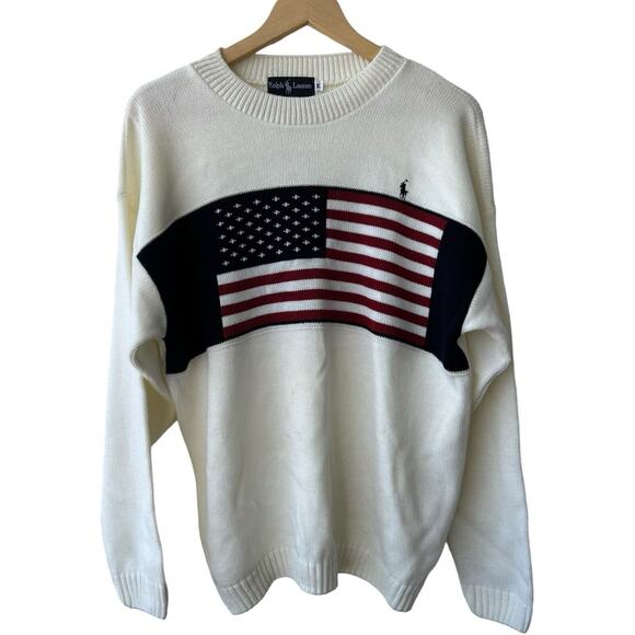 Ralph Lauren Sweaters - Vintage Polo Ralph Lauren American Flag Knit Sweater Cream Cotton Size Medium